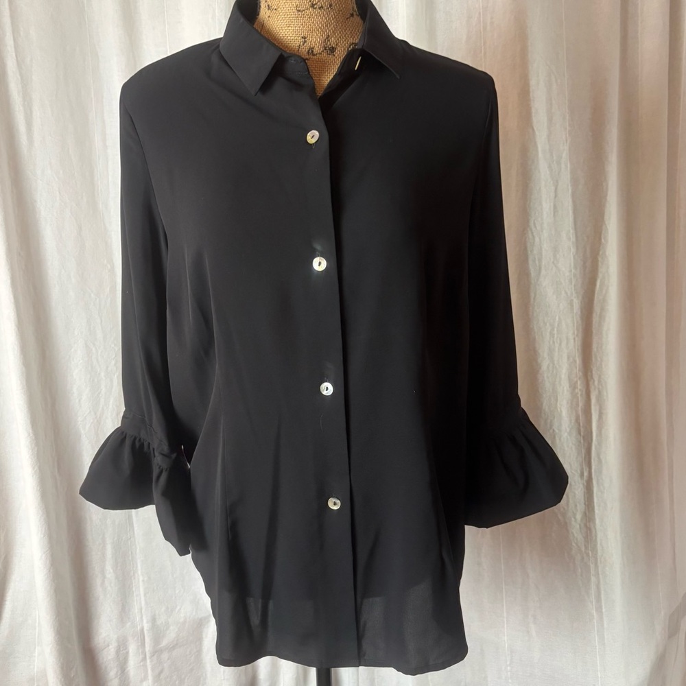 Gretchen Scott Black Button Front 3/4 Ruffle Sleeve Tunic Blouse Sz M Casual